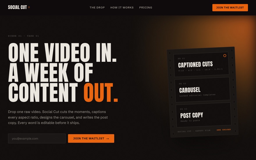 The Social Cut site: one video in, a week of content out